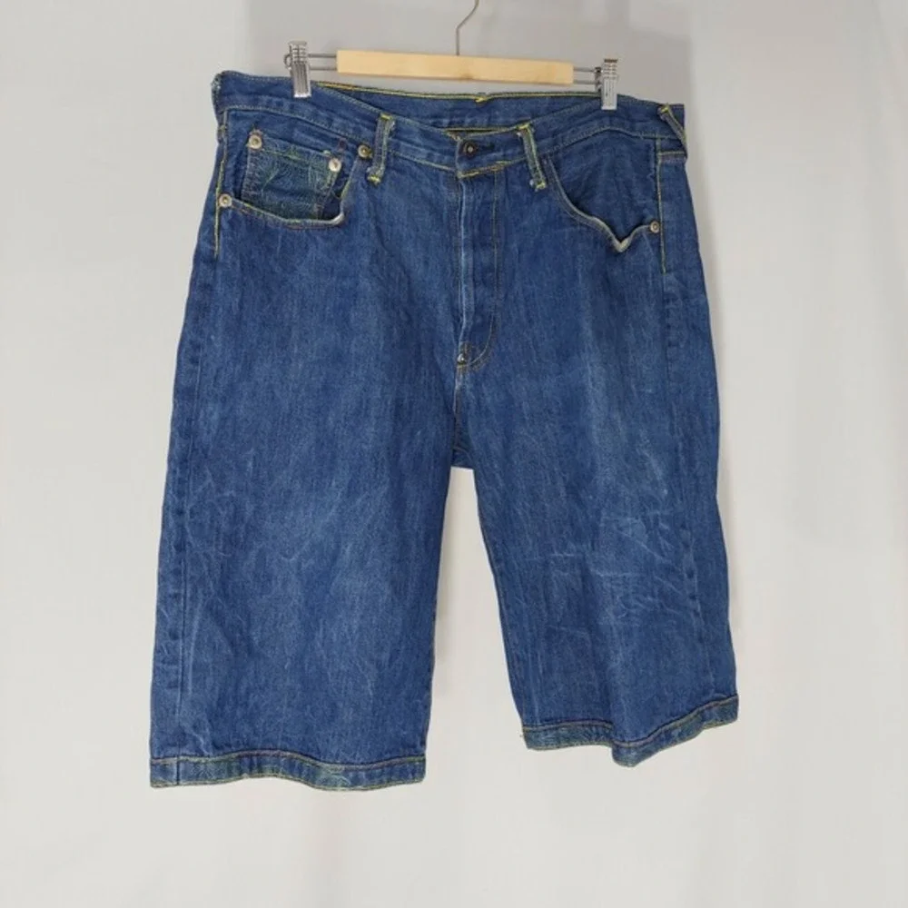 RMC Red Monkey Men Jean Shorts 38 Vintage Y2K Blue Denim Button Fly‎ Embroidered